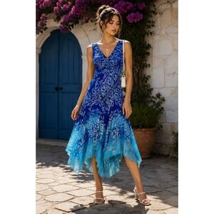 Rabbit Rabbit Rabbit Designs Y2K Blue Paisley Handkerchief Hem Midi Dress 12